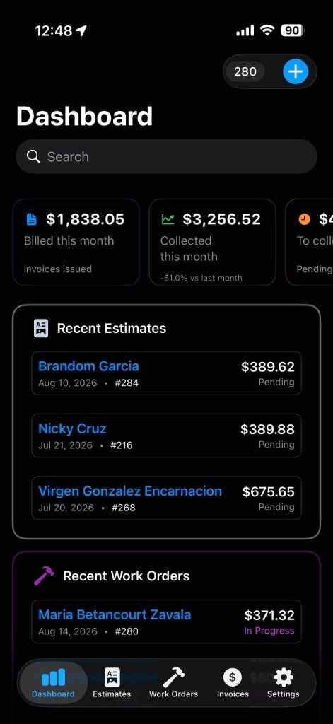 Arqevio dashboard on iPhone, with billed, collected, and outstanding balances