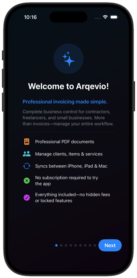 Arqevio welcome screen on iPhone