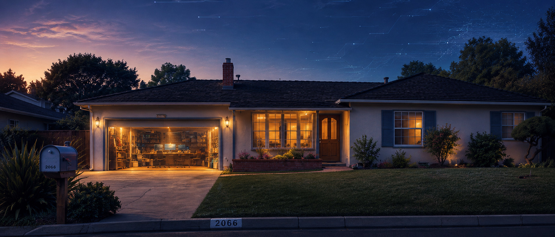 A ranch house at dusk with an open, brightly lit garage. The number 2066 appears on the mailbox and the curb.